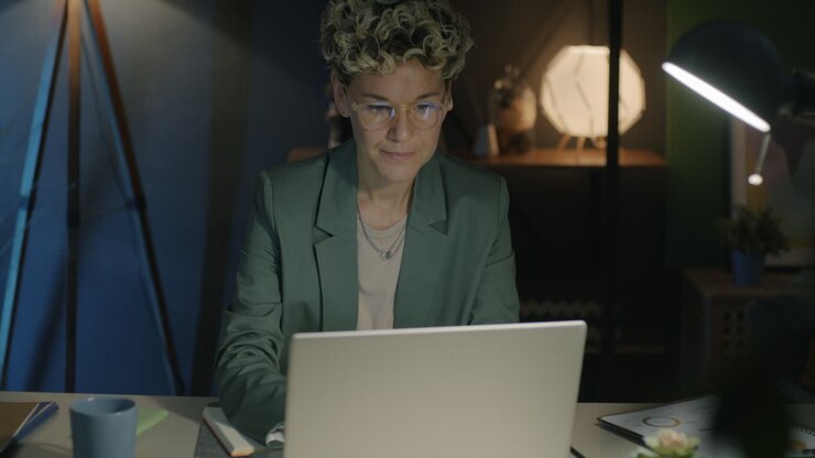 Donna che lavora fino a tardi al laptop nel suo ufficio domestico