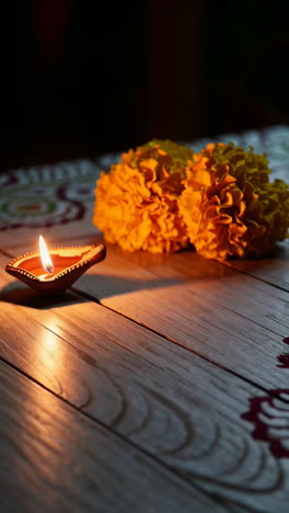 diwali celebration with diya and marigold flowers