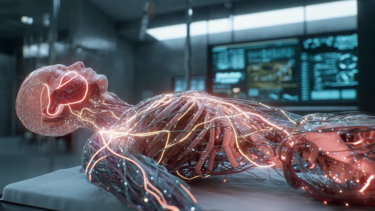 A Fascinating Exploration of a Futuristic Human-like Figure Displaying Intricate Inner Structures and Electric Neural Pathways, Set in a High-Tech Laboratory Environment with Advanced Digital Displays