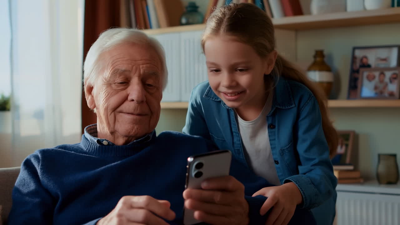 White Grandfather And Granddaughter Using Phone, Cozy Living Room Scene Showing White Senior And Young White