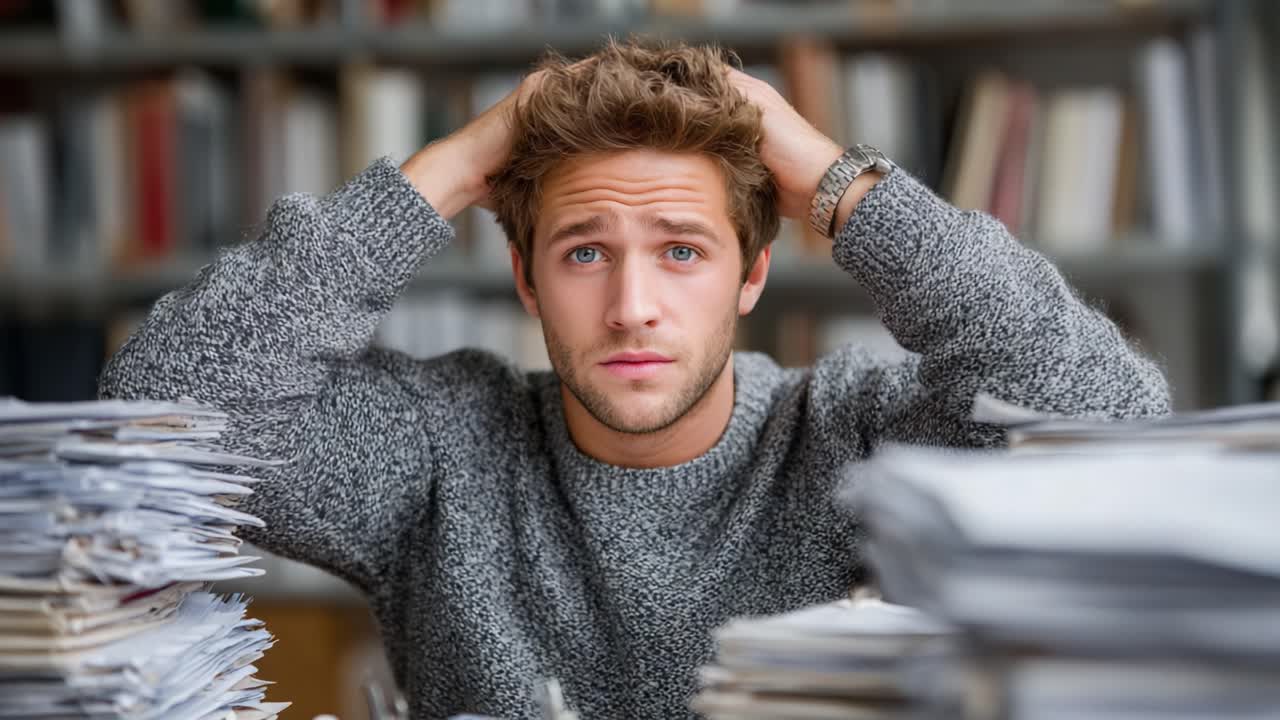 An Overwhelmed Young Man Struggles to Manage Mountains of Paperwork and Stress in a Chaotic Office Environment, Capturing the Essence of Modern Work Challenges