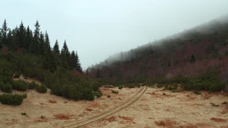 Camión-Aéreo-Disparó-Alrededor-De-Un-Sendero-Que-Sube-Por-La-Montaña-Cubierta-De-Niebla-De-Beleg-En-Serbia