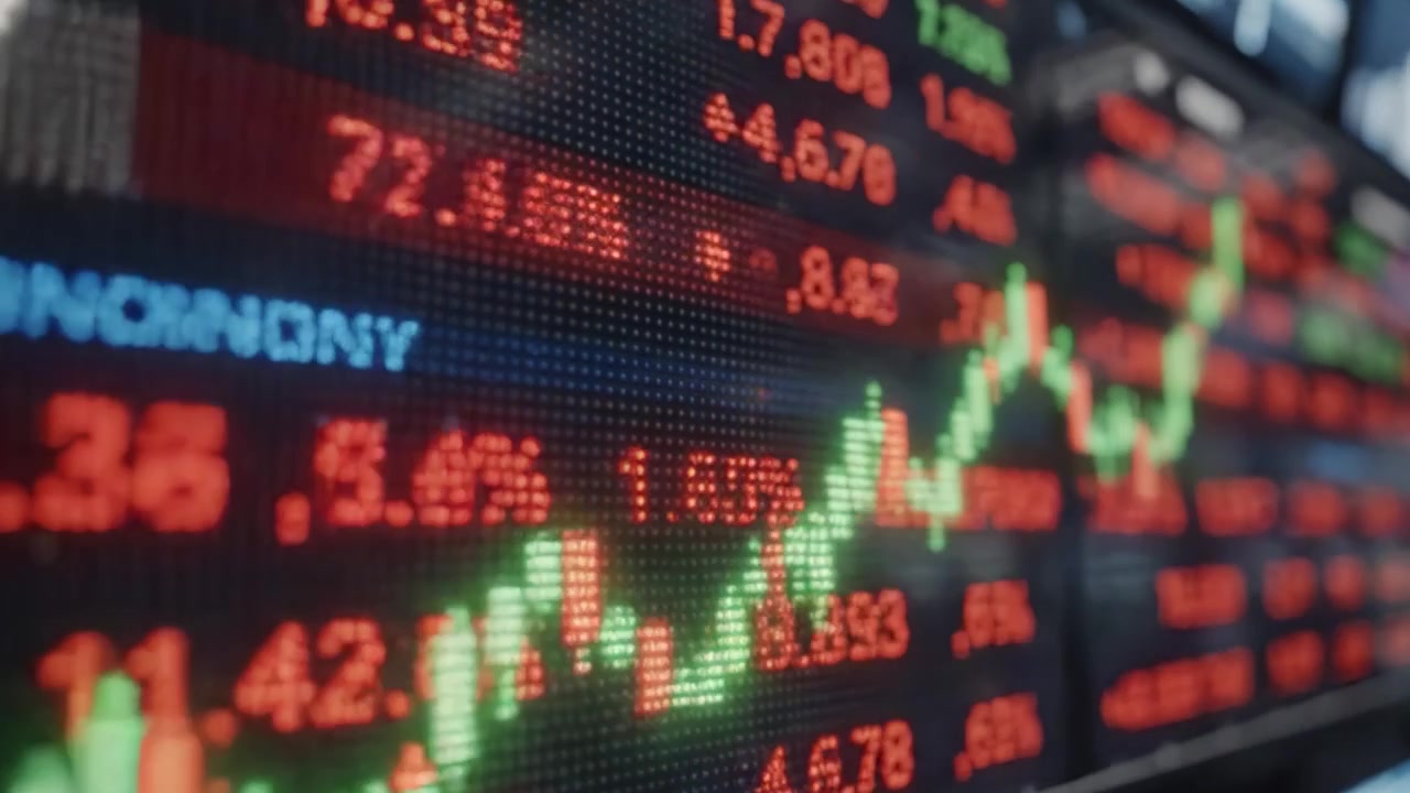 Dynamic Stock Market Display Showing Fluctuating Prices and Trends with Colorful Indicators Representing Market Performance in a Trading Environment