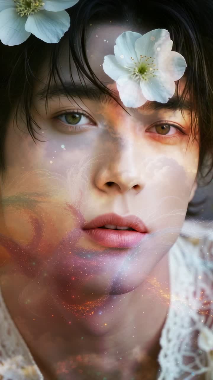 Vertical video: Swirling hues passing across face in studio with white flower creating dreamy vibe