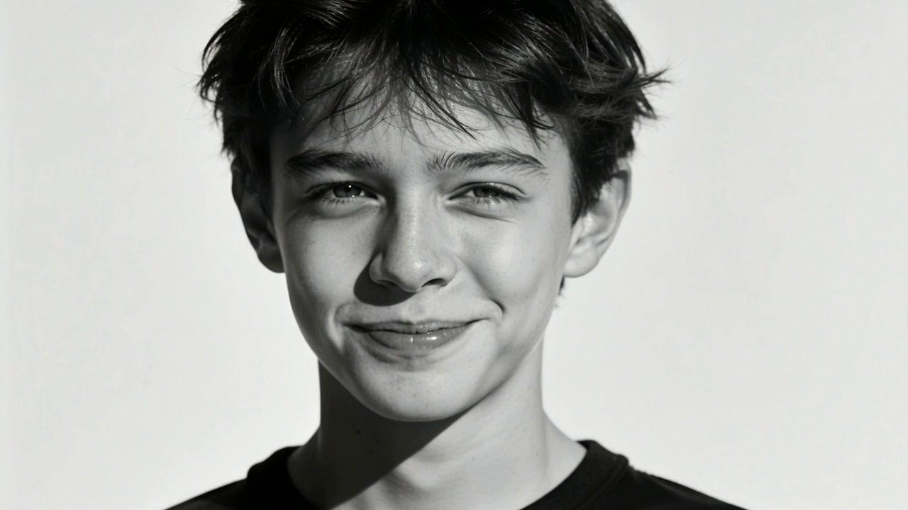 Reagendo alla luce, un adolescente maschio fissa la telecamera, accennando un piccolo sorriso sotto una luce da studio angolata.