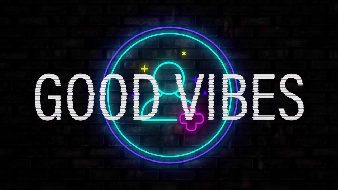 Cerchio al neon che si apre rivelando avatar a forma di croci che fluttuano con un effetto glitch, rivelando "GOOD VIBES" che ispirano buon umore