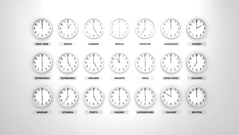 round clocks with white body show different time zones on white wall.