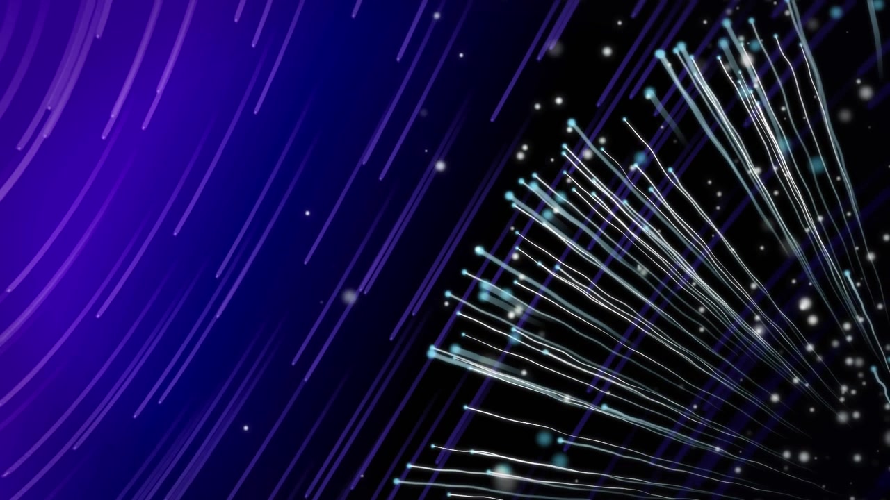 Animazione di punti luce e scie luminose su sfondo nero e blu
