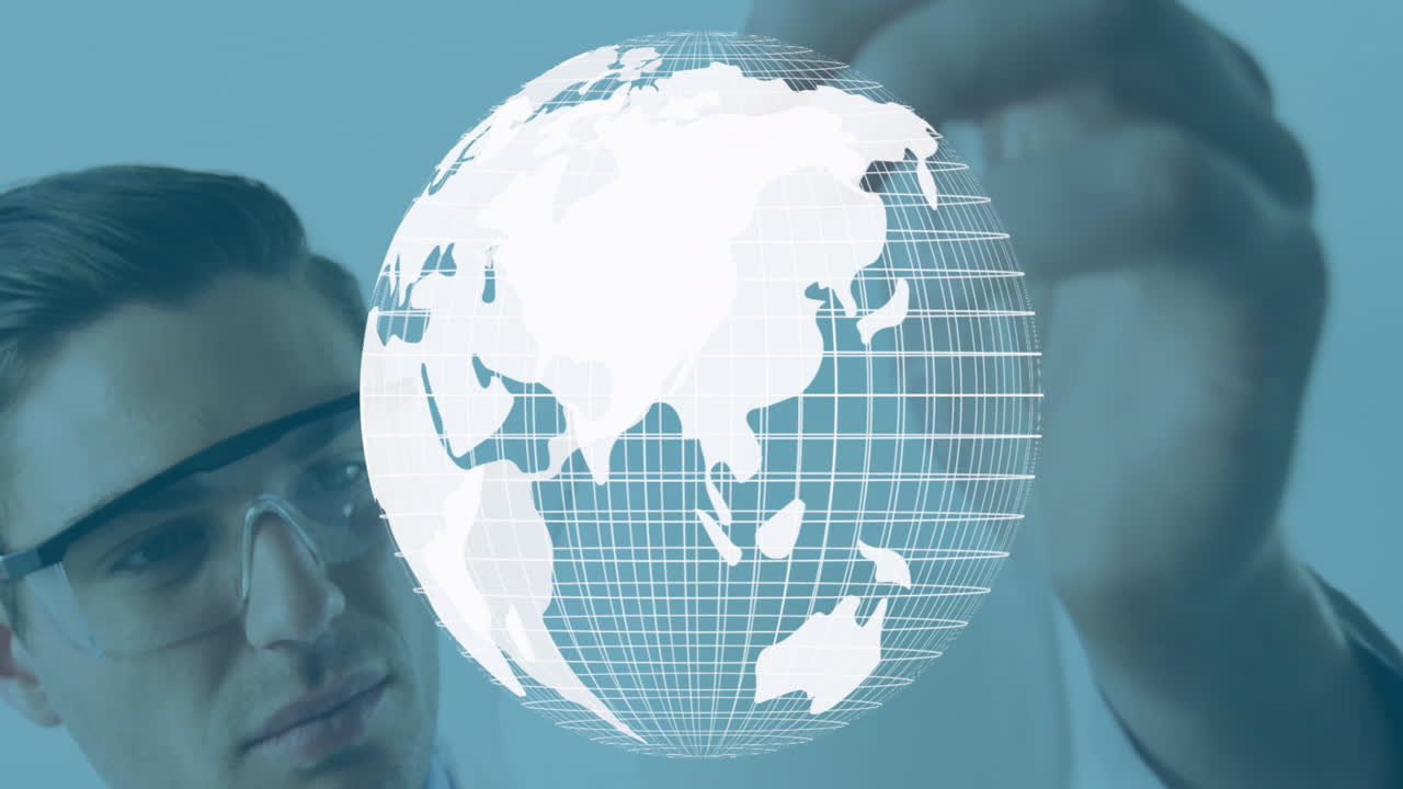 Analyzing digital globe projection, scientist wearing safety glasses in lab setting