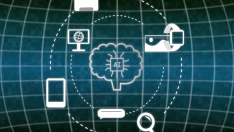 animación del cerebro digital con un texto sobre iconos de medios