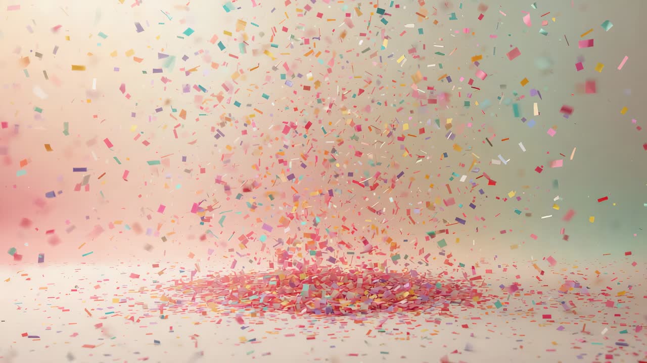 Confetti rettangolari e quadrati che cadono dall’alto e si accumulano sul pavimento di uno studio