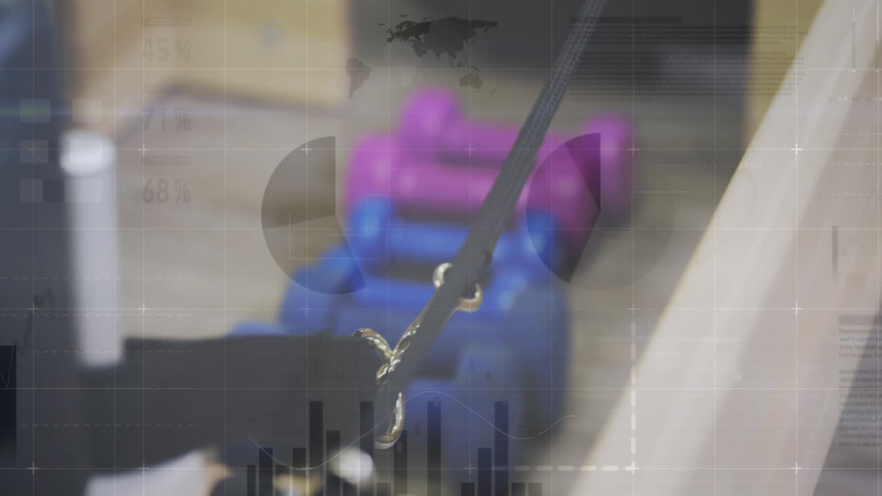 animación de análisis de datos de fitness sobre equipos de gimnasio y equipo de entrenamiento