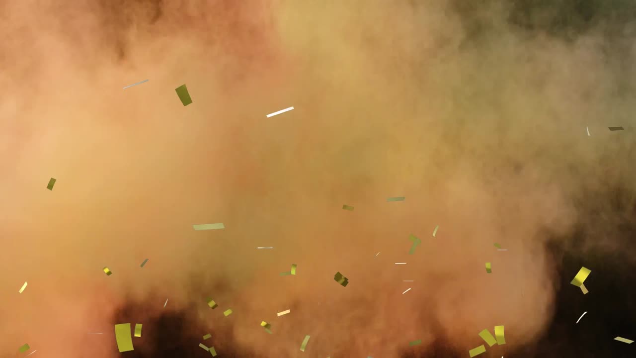 animación de confeti dorado cayendo y polvo de color flotando en negro