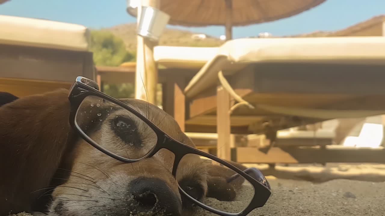 perro despertando en el mar con gafas. momento gracioso en la playa con un perro.