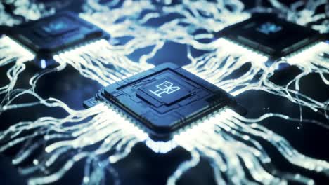 exploring the intricacies of advanced circuitry: a close-up view of microchips with luminous connections and complex designs