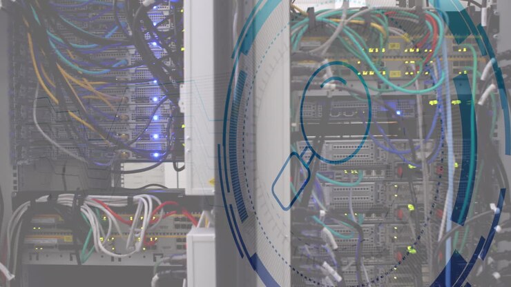 Animation of magnifying glass in circle over data server systems