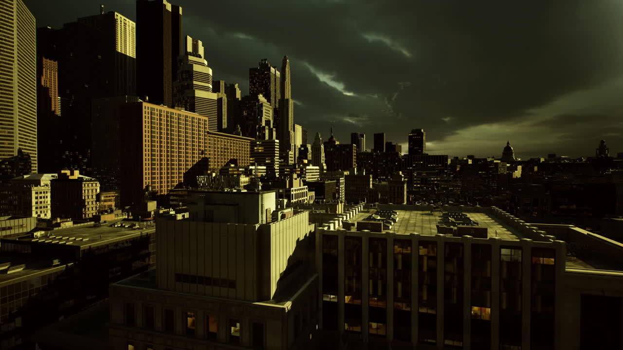 City skyline under dark clouds with a dramatic atmosphere at dusk