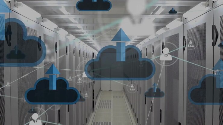 Animation of arrow in clouds, connected icons over data server room
