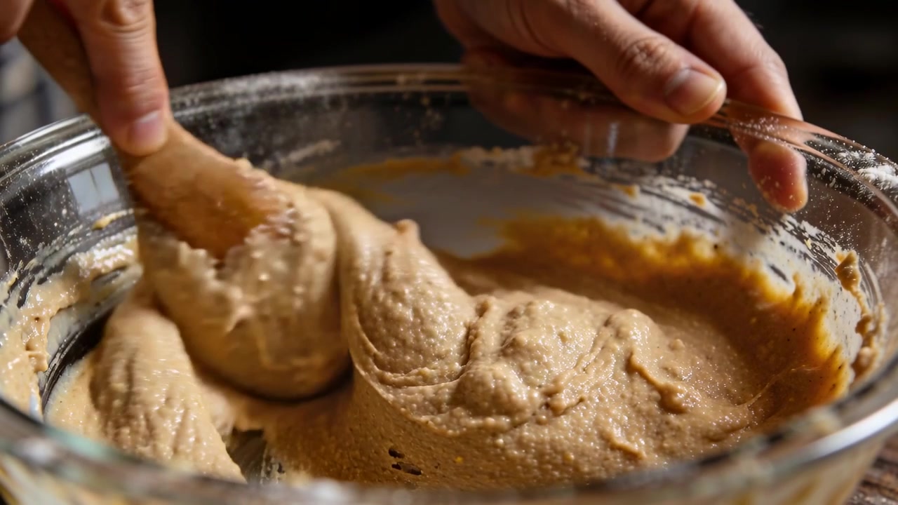 Lifting spatula, cook hands folding batter in kitchen to smooth and unify mixture with glass bowl