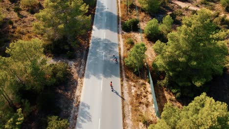 toma aérea de dos patinadores por la carretera en las colinas