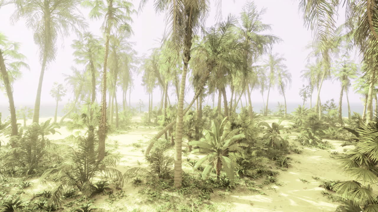 Serene tropical oasis with lush greenery and soft sunlight