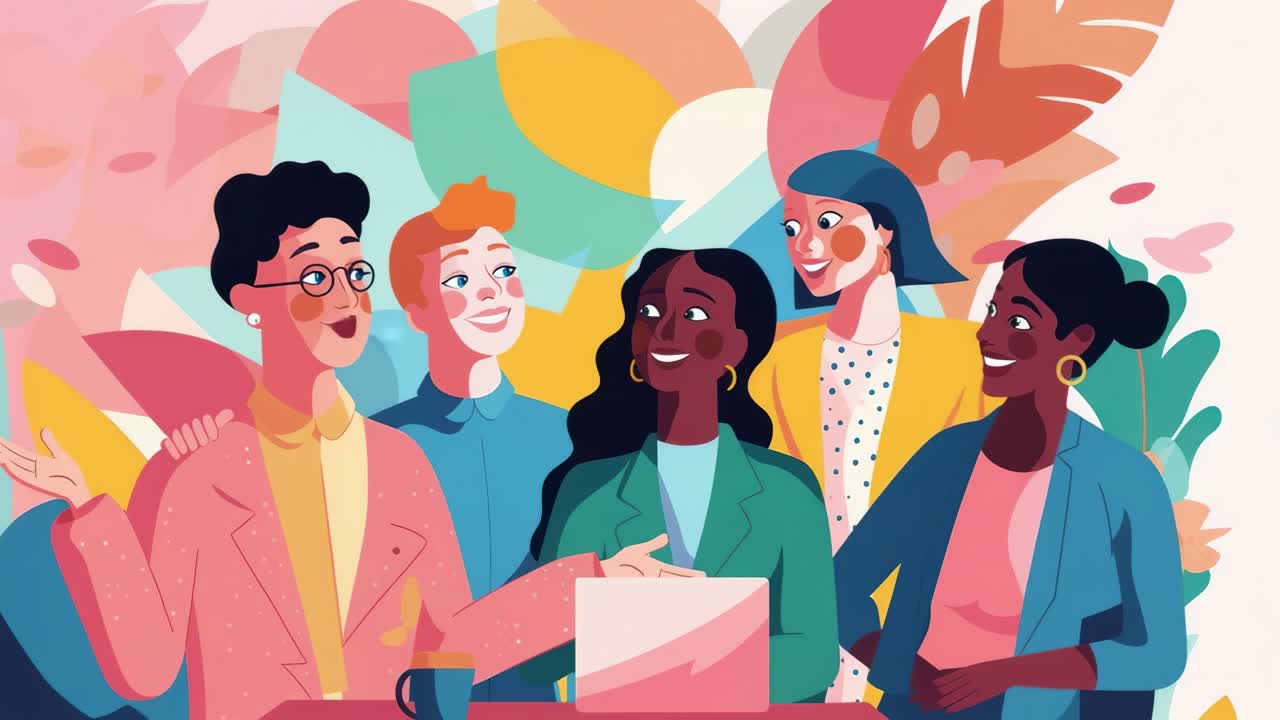 Colorful illustration of diverse group chatting around a laptop, viewed from a front angle