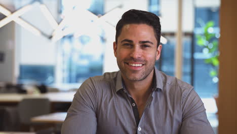 Portrait-Of-Smiling-Businessman-Working-At-Desk-In-Modern-Open-Plan-Office