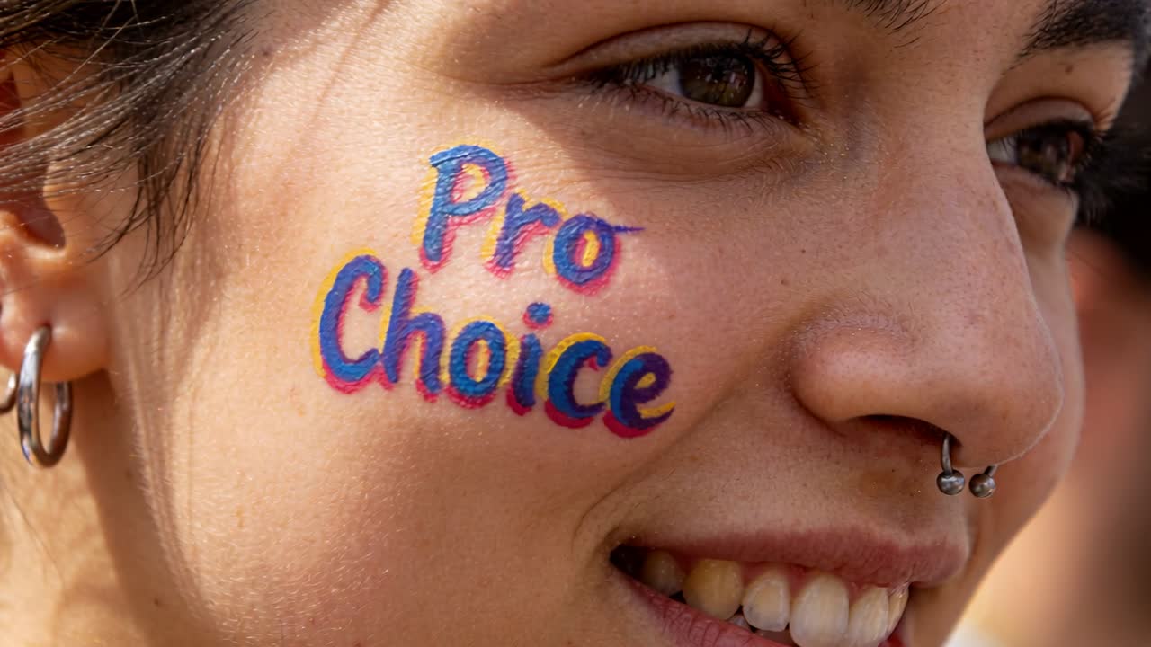 Mujer sonriente inclinada mientras la cámara se mueve en una manifestación, mostrando pintura facial pro-elección, septum y aro