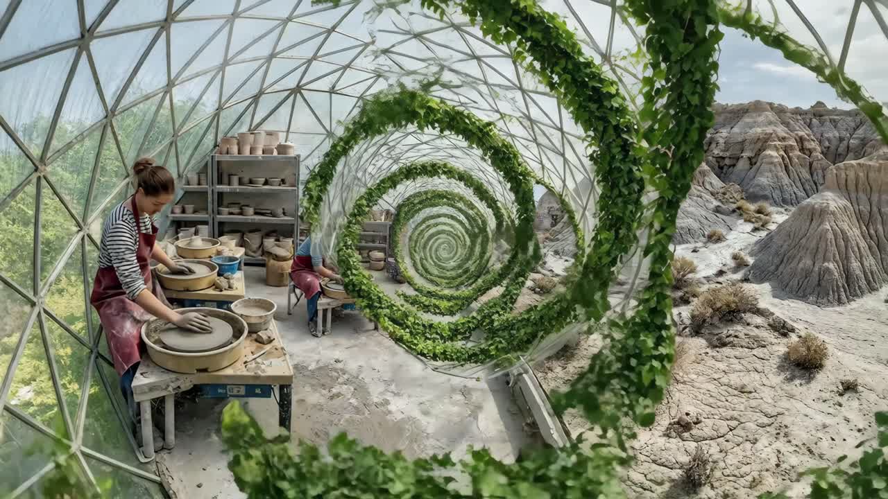 Donna che crea ceramiche al tornio in una cupola geodetica surreale con rampicanti.