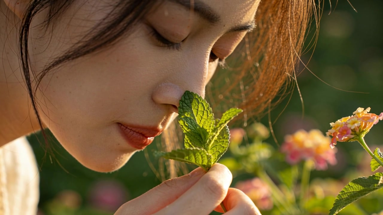 Donna asiatica nota una foglia di menta, si china in avanti inalando il profumo per meditare in giardino, tra i fiori.