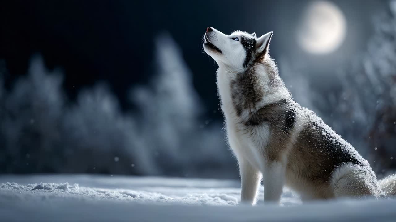 A Majestic Siberian Husky Sitting in a Snowy Landscape Under the Moonlight, Capturing the Essence of Winter's Beauty with Its Thick Fur and Striking Blue Eyes Against the Night Sky