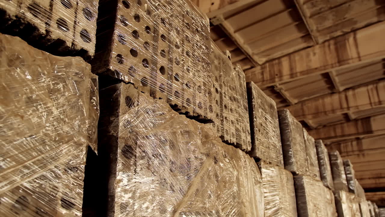 Interior of reinforced concrete plant. Pile of stocked concrete slabs in the building. Packed concrete blocks in workshop. Industry of building materials.