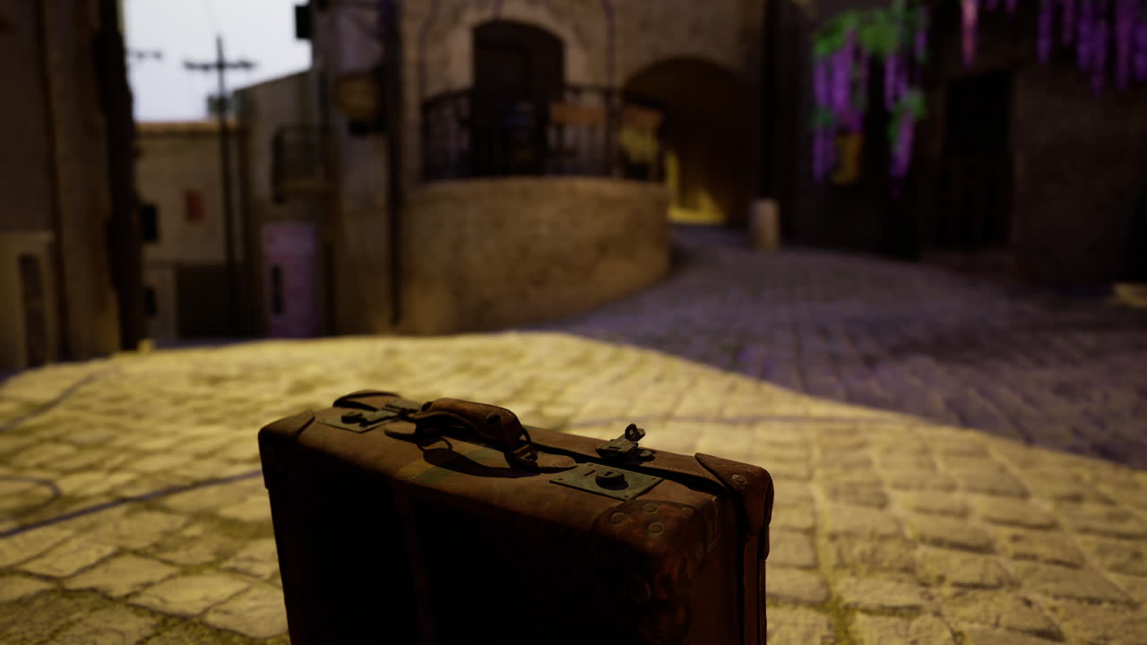 Suitcase rests on cobblestone street in a quaint village at twilight hour