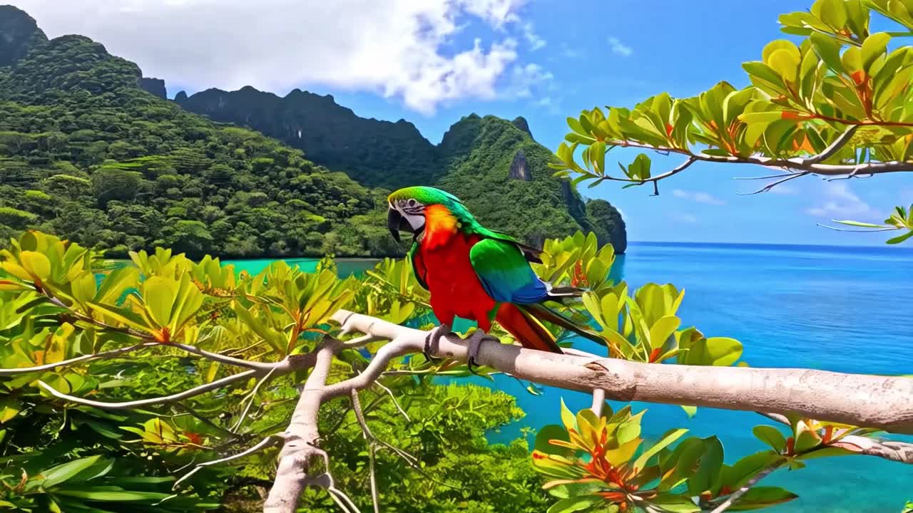 A colorful parrot perched on a branch overlooking a vibrant tropical bay with lush green mountains