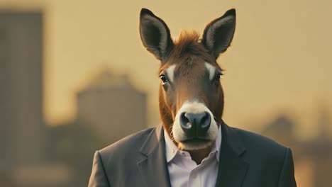 businessman with a horse head walks confidently through an urban setting during the golden hour