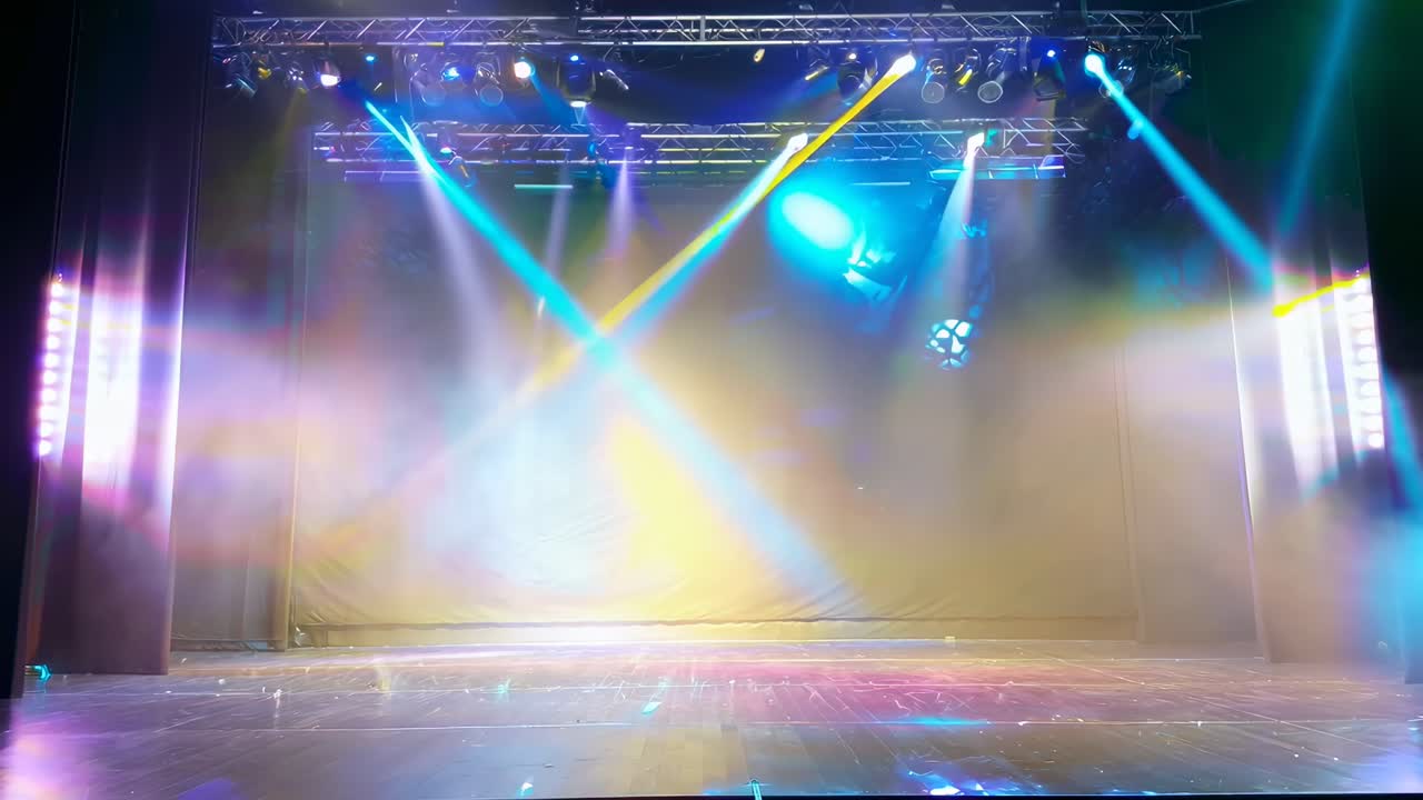 Plano gran angular de un escenario con luces coloridas, ideal para un video de concierto o actuación.