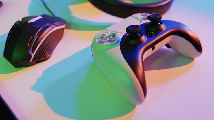 Video of gaming computer and gaming equipment on desk with copy space on neon background