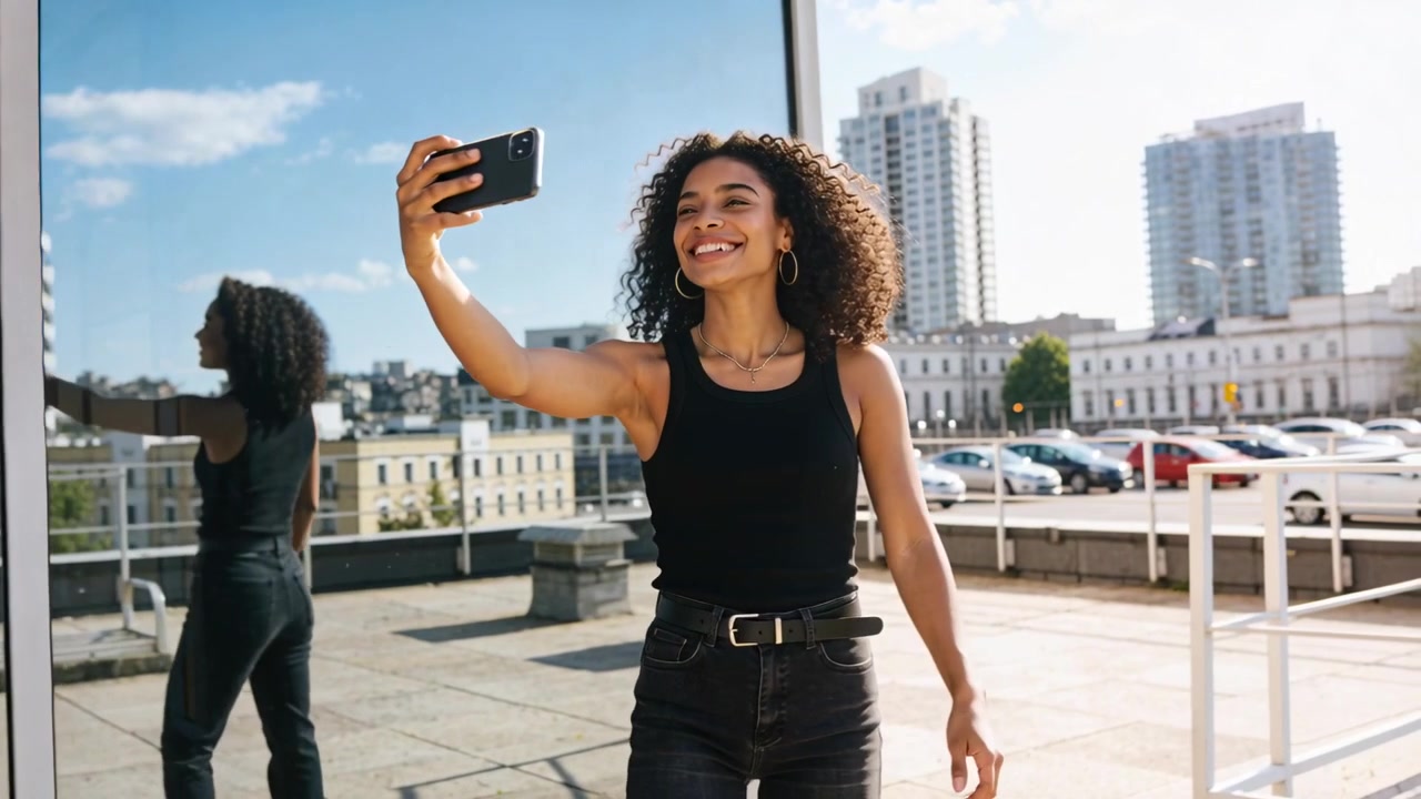 En kvinde går forbi et glaspanel, løfter sin smartphone og indrammer en rooftop-selfie med byens skyline, iført en sort tanktop.