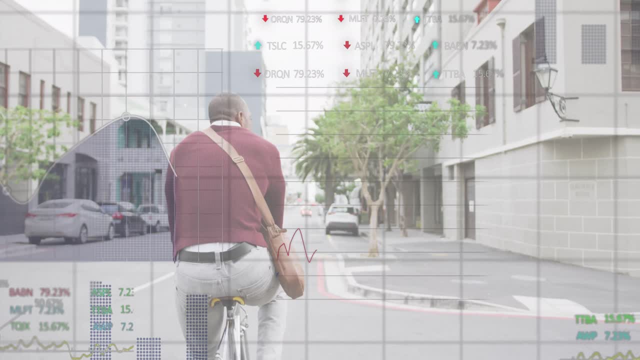 아프리카계 미국인 사업가 사이클링에 대한 데이터 처리의 애니메이션