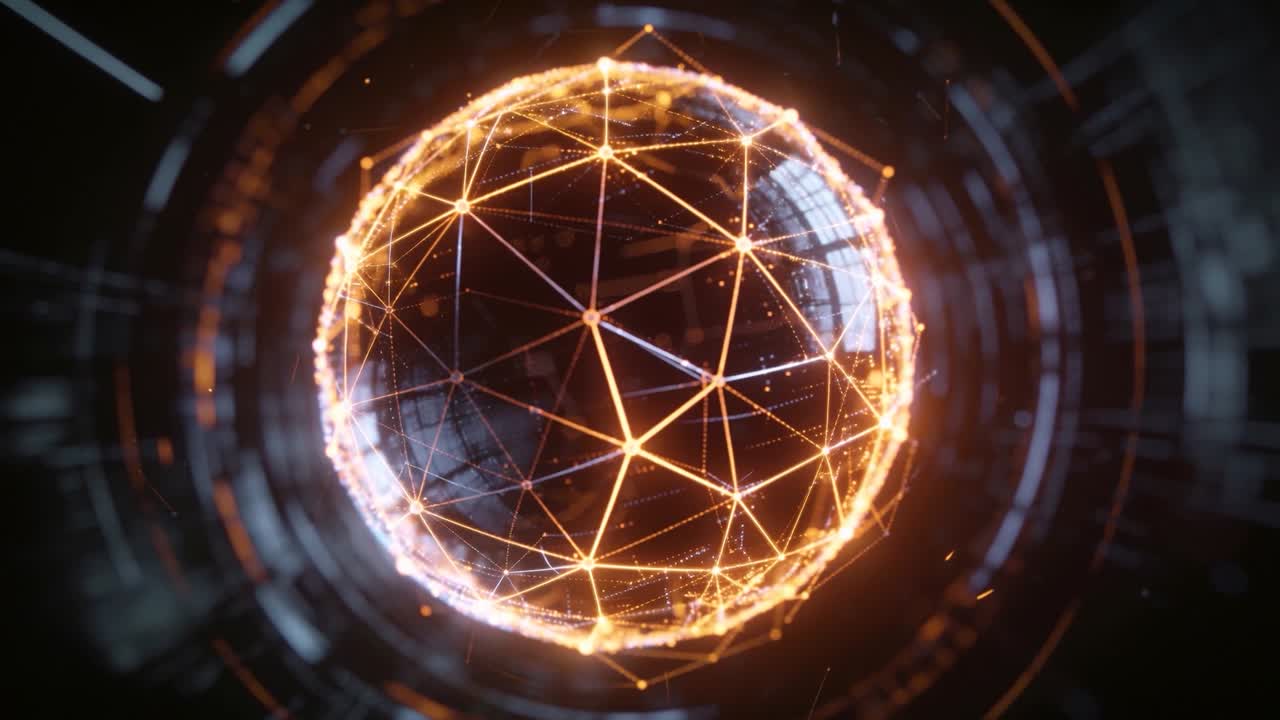Rete di sfere pulsanti che si accende all'interno di un tunnel tecnologico oscuro, emettendo scintille arancioni.