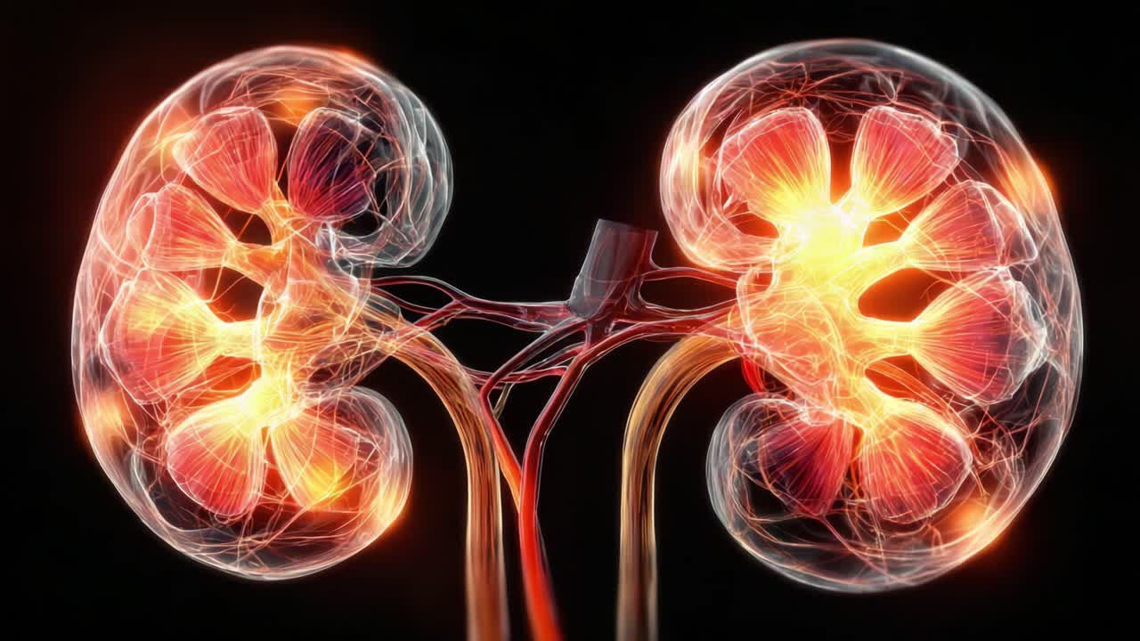 A Detailed Visualization of Human Kidneys Showcasing Their Intricate Network of Blood Vessels and Nephron Structures, Highlighting Their Vital Role in Filtration and Blood Regulation