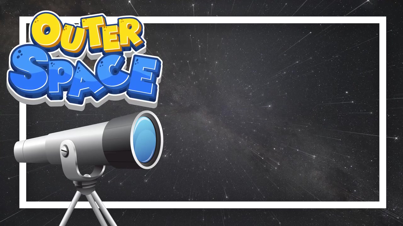 Telescopio a fumetti e testo sullo spazio esterno sovrapposti a un cielo notturno scuro con stelle alla deriva.