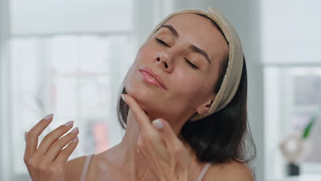 Resting-model-nourishing-neck-at-bath-mirror-pov-portrait.-Woman-applying-cream