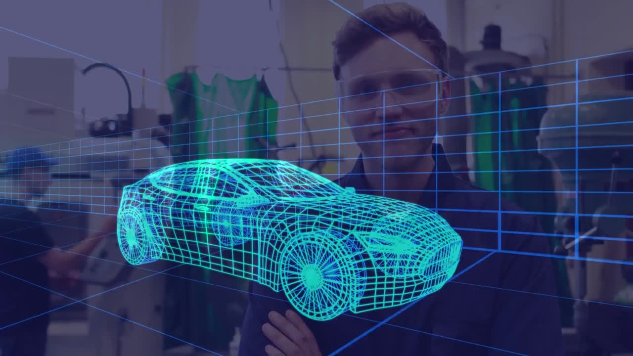 animación de un dibujo de coche en 3d sobre un hombre con gafas de protección