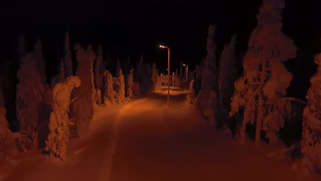 aerial view rising over a night lit road in middle of snow covered trees of lapland