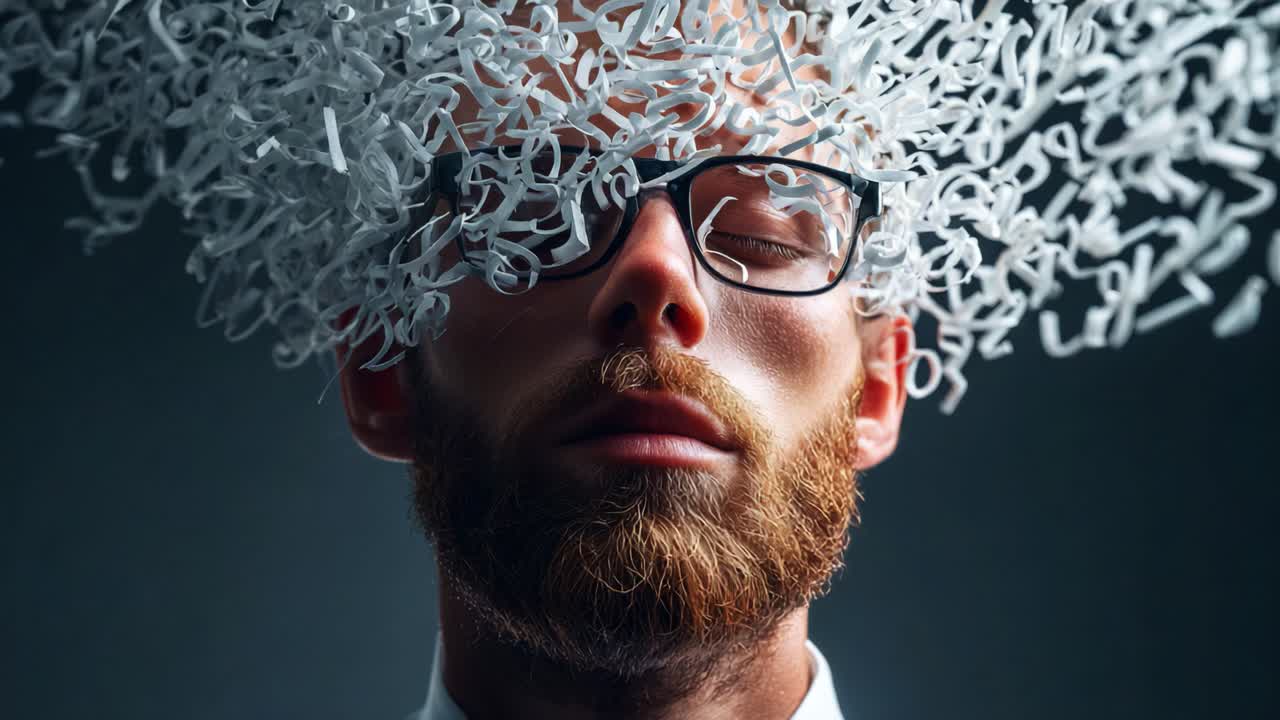 A conceptual artistic representation of a thoughtful individual with a cloud of creative ideas, symbolized by swirling paper shreds, captivating reflections on imagination and intellect