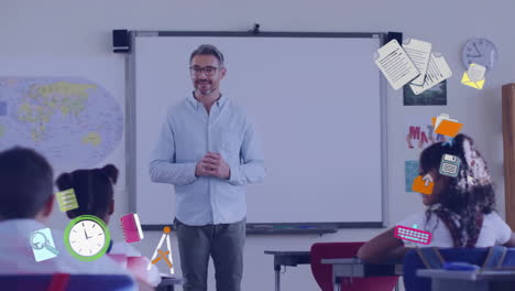 animación de iconos escolares sobre diversos maestros masculinos y escolares en el aula