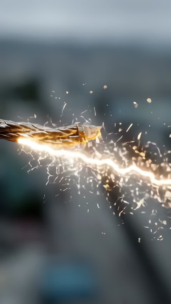 Electric spark ignites from frayed wire. A frayed electrical wire produces bright sparks, indicating a potential safety hazard during overcast weather.