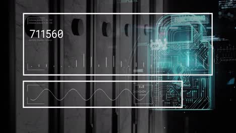 animation of interface with data processing and security padlock icon against computer server room