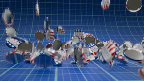 animation of falling presidential election text american flag button pin badges on blue background